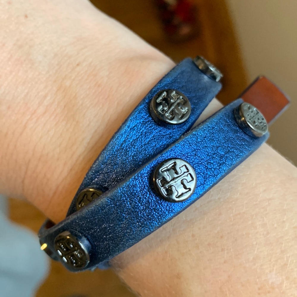 Tory Burch Leather Double Wrap Logo Stud Bracelet